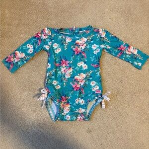 Ruffle Butts Floral Long Sleeve Swimsuit - Teal and Pink